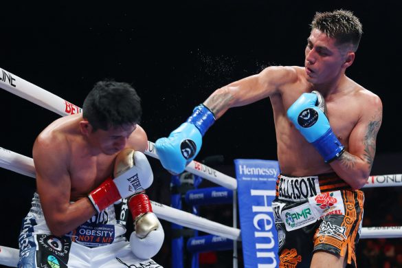 March 5, 2022; San Diego, CA, USA; Angel Fierro and Juan Carlos Burgos during their March 5, 2022 fight at the Pechanga Arena in San Diego, California. Mandatory Credit: Ed Mulholland/Matchroom.