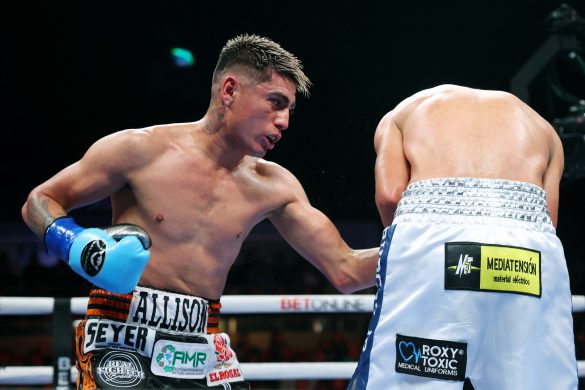March 5, 2022; San Diego, CA, USA; Angel Fierro and Juan Carlos Burgos during their March 5, 2022 fight at the Pechanga Arena in San Diego, California. Mandatory Credit: Ed Mulholland/Matchroom.