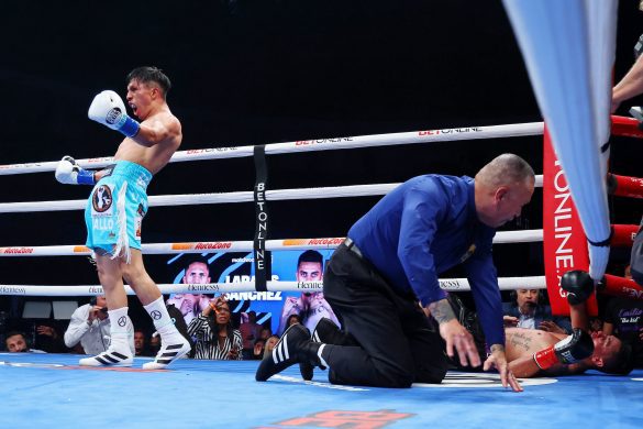 March 5, 2022; San Diego, CA, USA; Mauricio Lara celebrates after defeating Emilio Sanchez in their March 5, 2022 fight at the Pechanga Arena in San Diego, California. Mandatory Credit: Ed Mulholland/Matchroom.