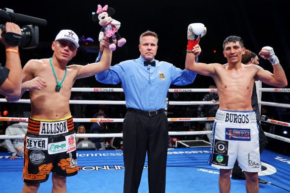 March 5, 2022; San Diego, CA, USA; Angel Fierro and Juan Carlos Burgos after their March 5, 2022 fight at the Pechanga Arena in San Diego, California. Mandatory Credit: Ed Mulholland/Matchroom.