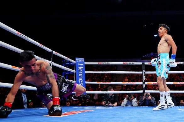 March 5, 2022; San Diego, CA, USA; Mauricio Lara and Emilio Sanchez during their March 5, 2022 fight at the Pechanga Arena in San Diego, California. Mandatory Credit: Ed Mulholland/Matchroom.